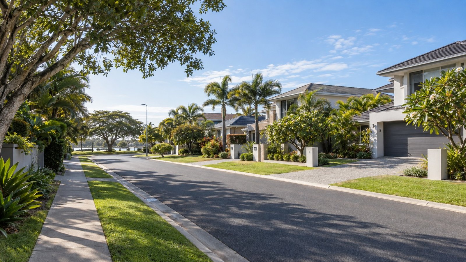 Family-oriented Gold Coast residential street with detached homes, parkland and subtropical planting