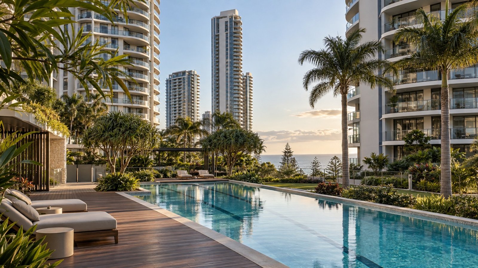 Contemporary Gold Coast residential high-rise towers with shared landscaped grounds and a pool deck