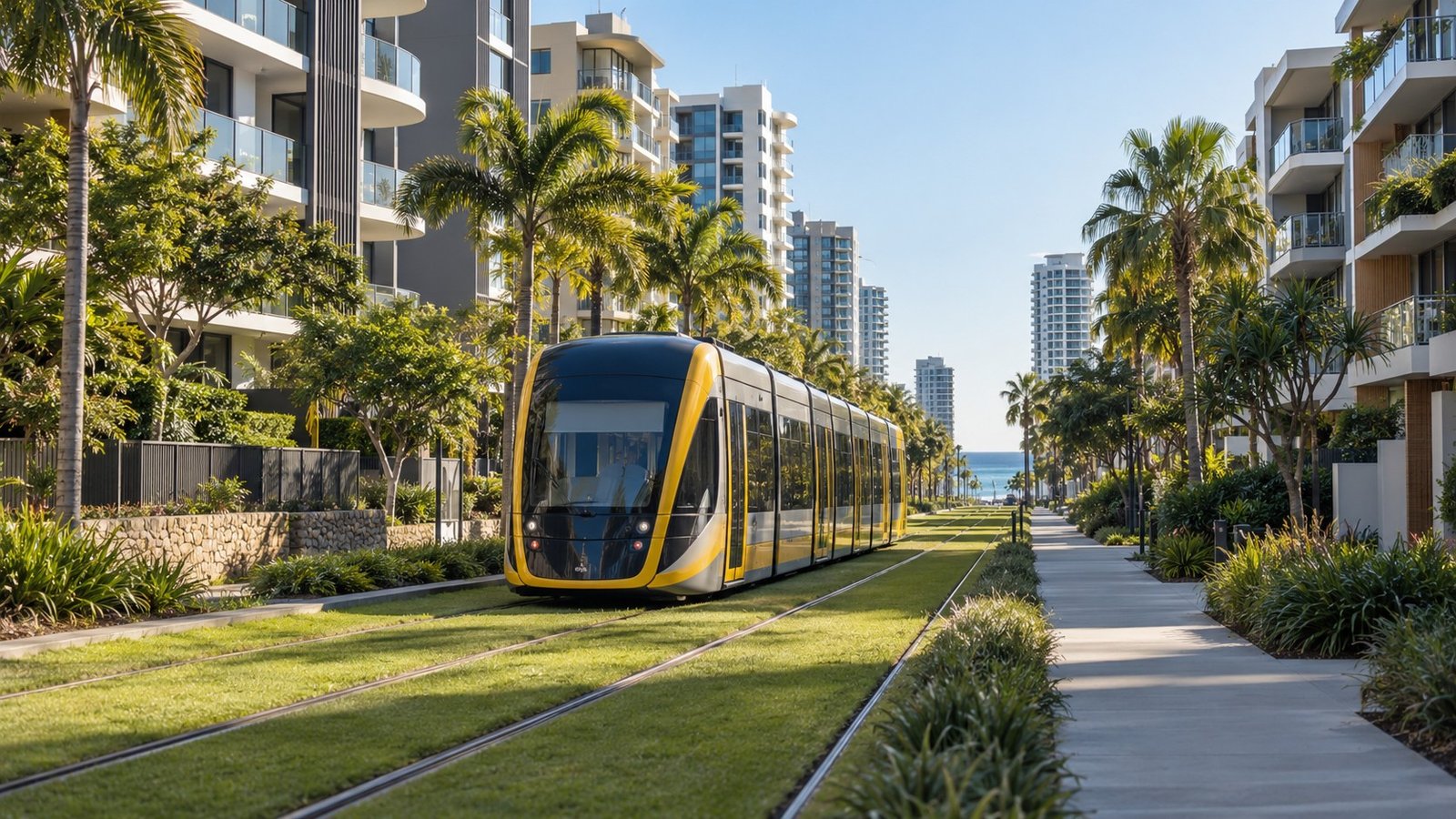 Modern light rail tram on a landscaped urban corridor beside coastal apartment buildings on the Gold Coast