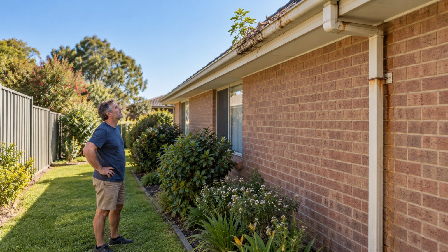 House gutter and downpipe with leaf build-up seen from the ground