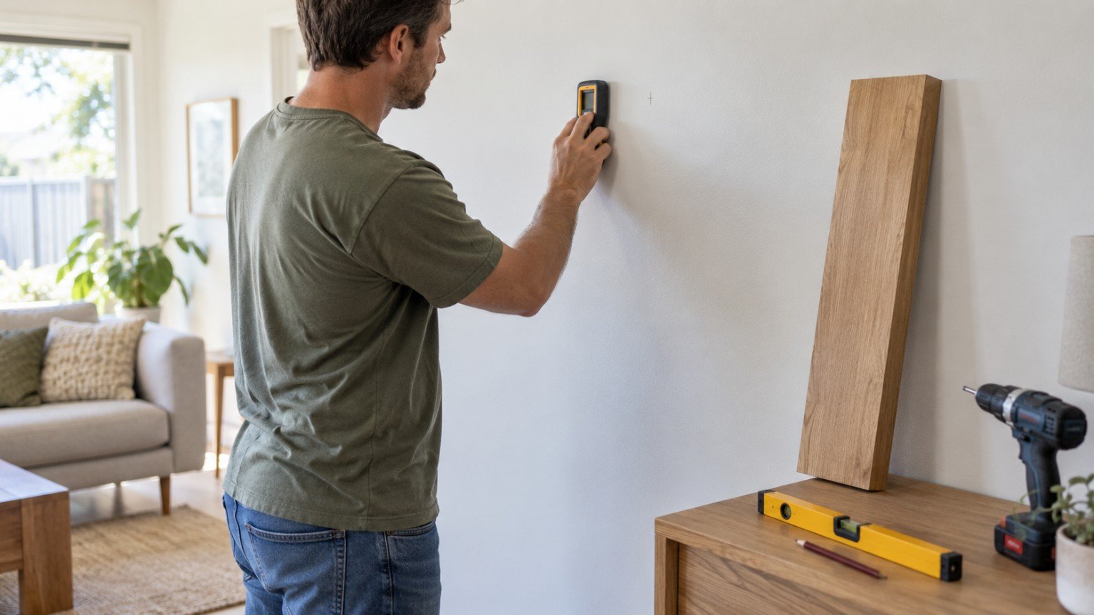 Stud finder and spirit level being used to mark a wall before hanging a shelf