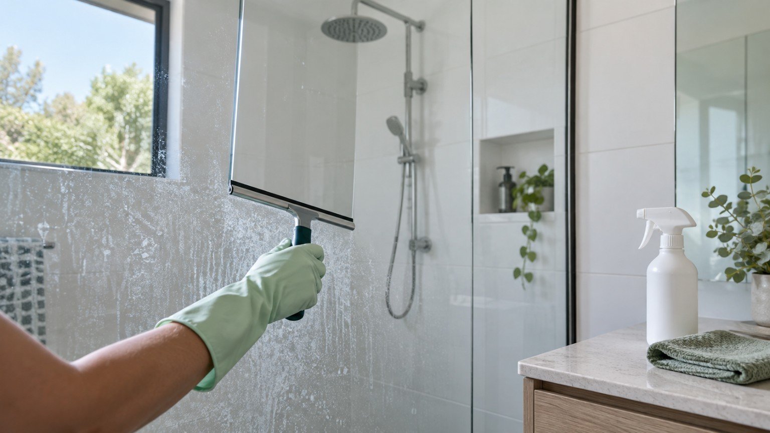 Glass shower screen being cleaned of hard water spots with a squeegee