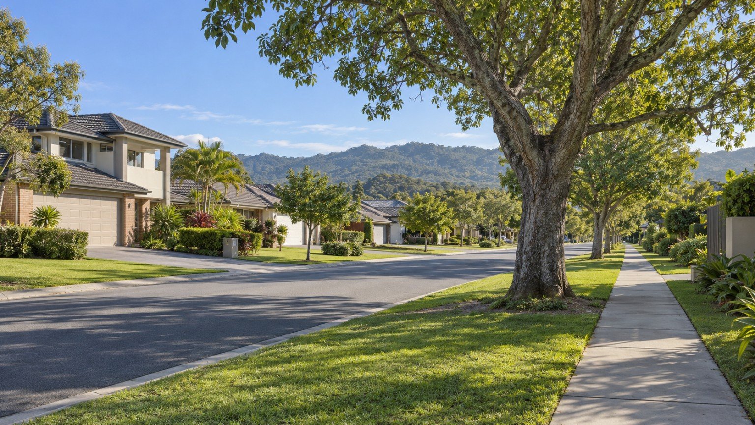Established family street with detached homes and mature trees in the northern Gold Coast