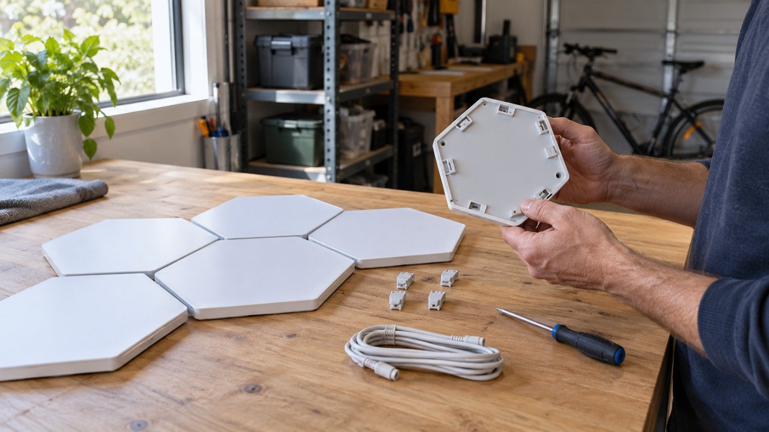 Hexagonal LED wall light panels being inspected on a workbench in an Australian home