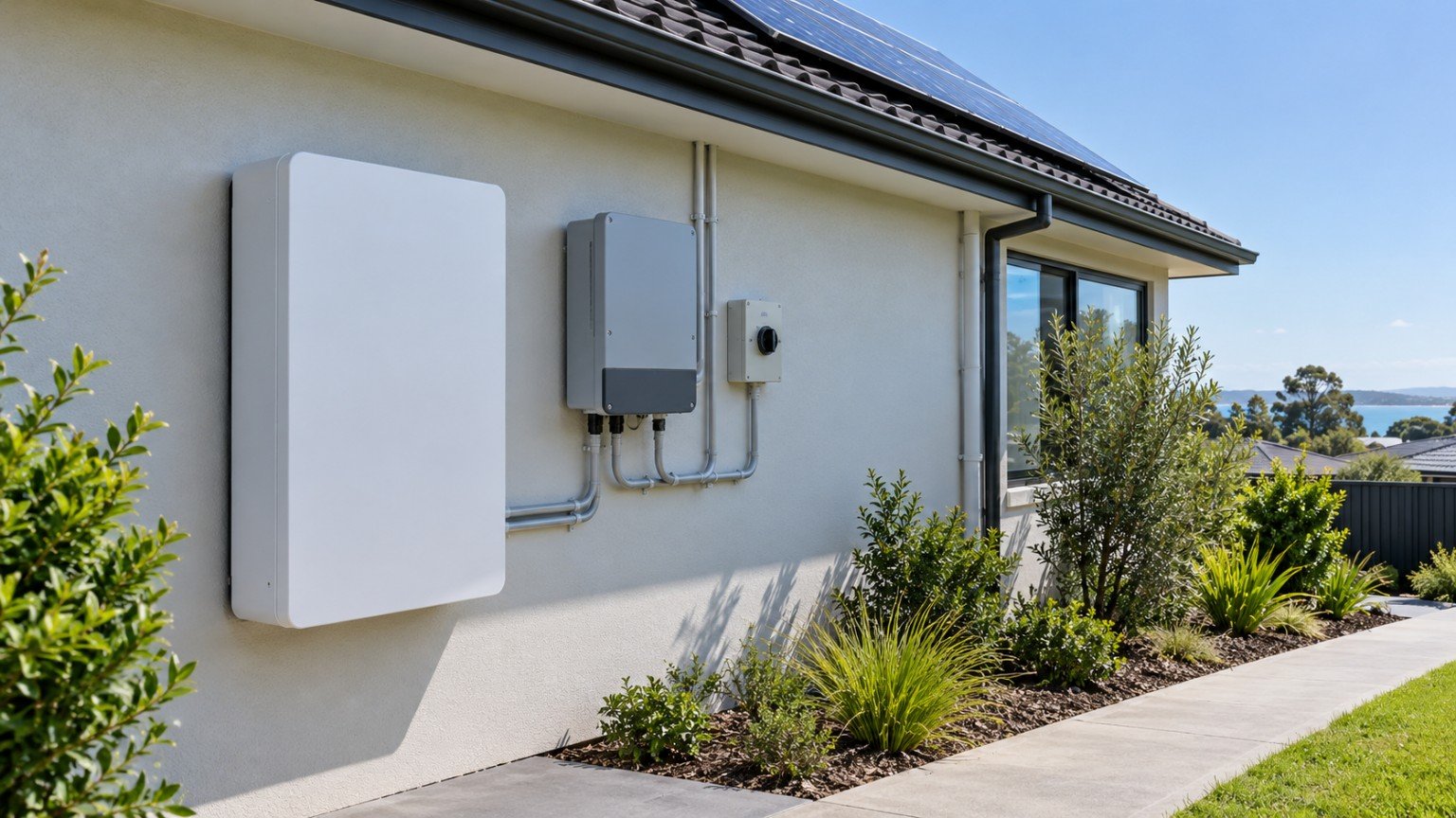 Home battery unit and inverter mounted on a garage wall