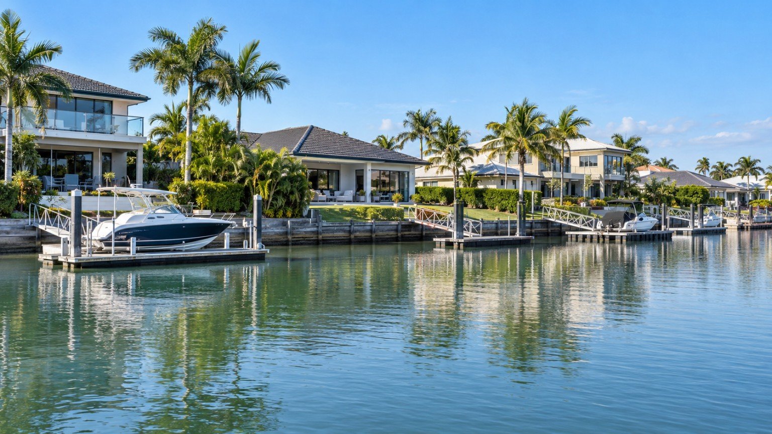 Canal-front homes with pontoons and manicured landscaping in a northern Gold Coast waterfront community