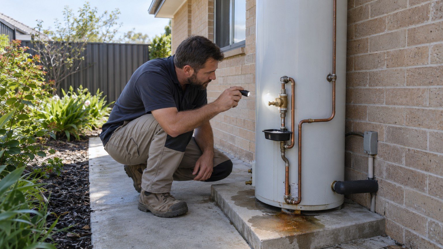 External hot water cylinder beside an Australian house being checked