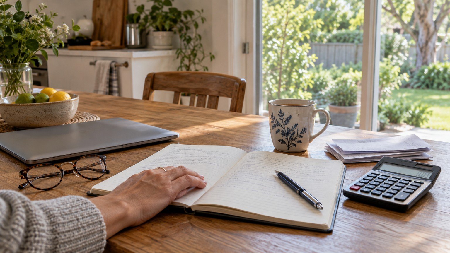 Kitchen table with a notebook, calculator and papers during budgeting
