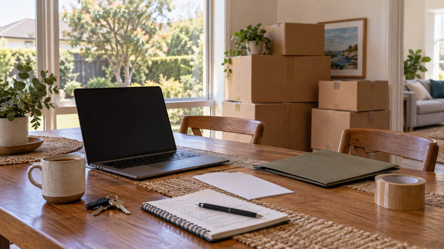 Packed cartons and paperwork during an interstate move and property search