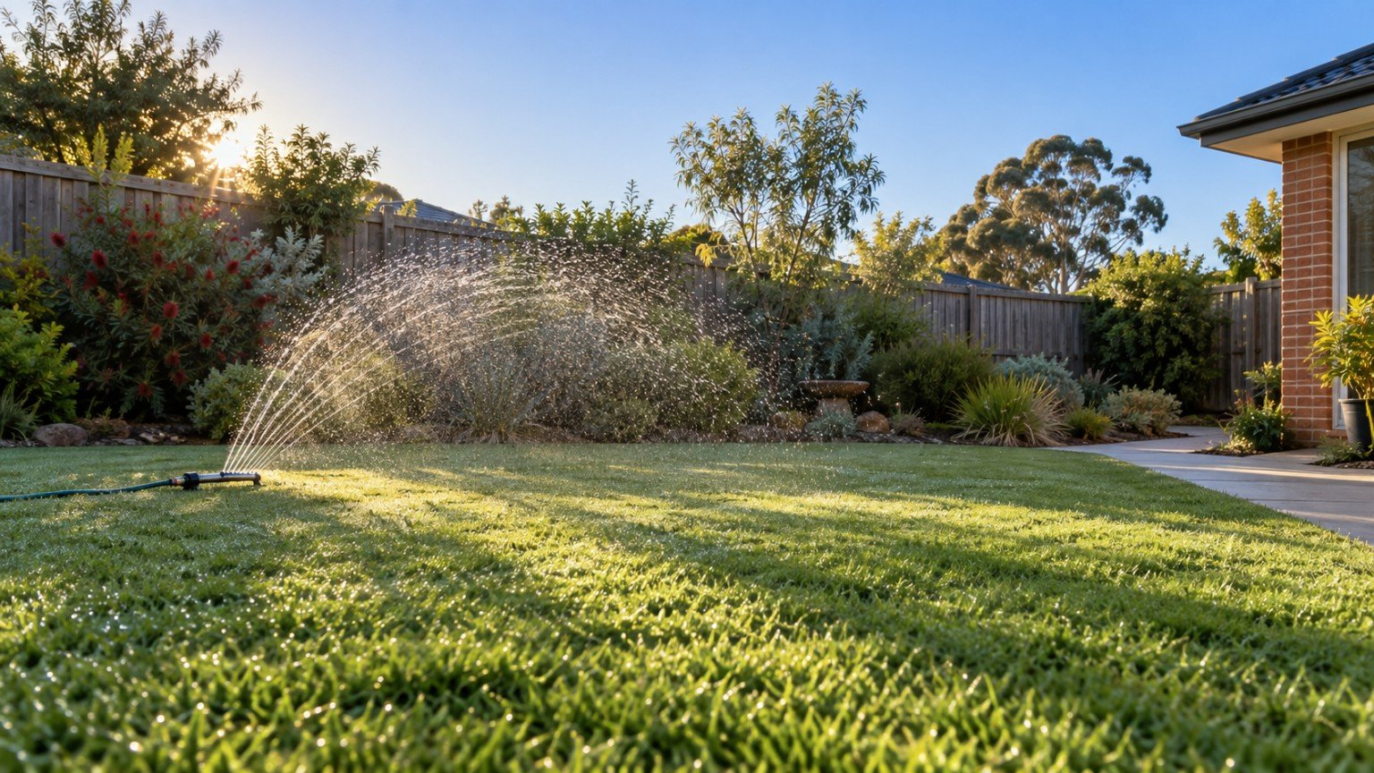 Sprinkler watering a green backyard lawn early in the morning in an Australian garden