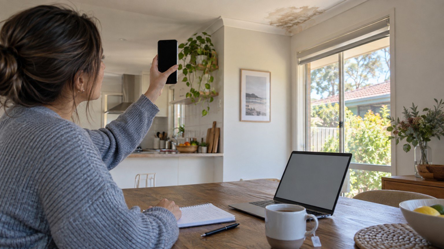 Tenant photographing a maintenance issue on a phone to report to the landlord