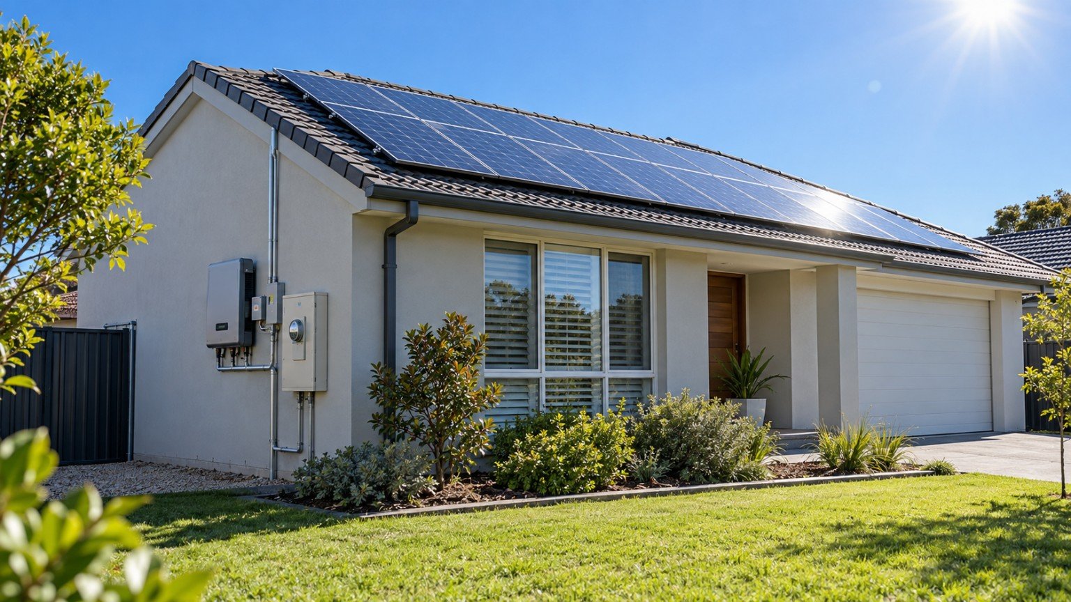 Solar panels on the roof of an Australian home with an inverter on the wall