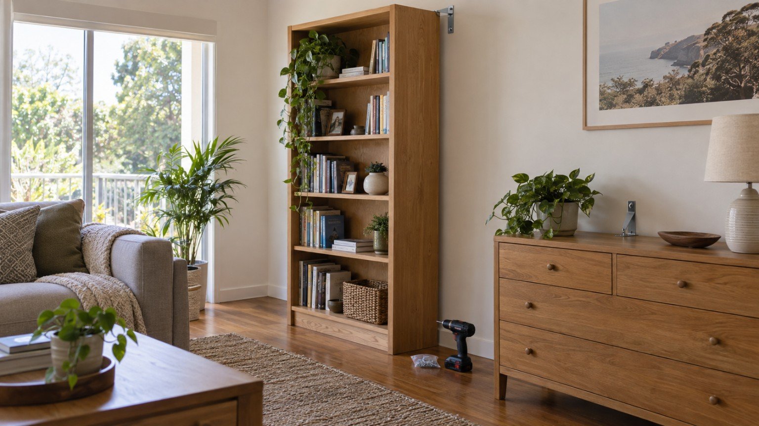 Tall bookshelf being anchored to the wall with a safety strap in a family home