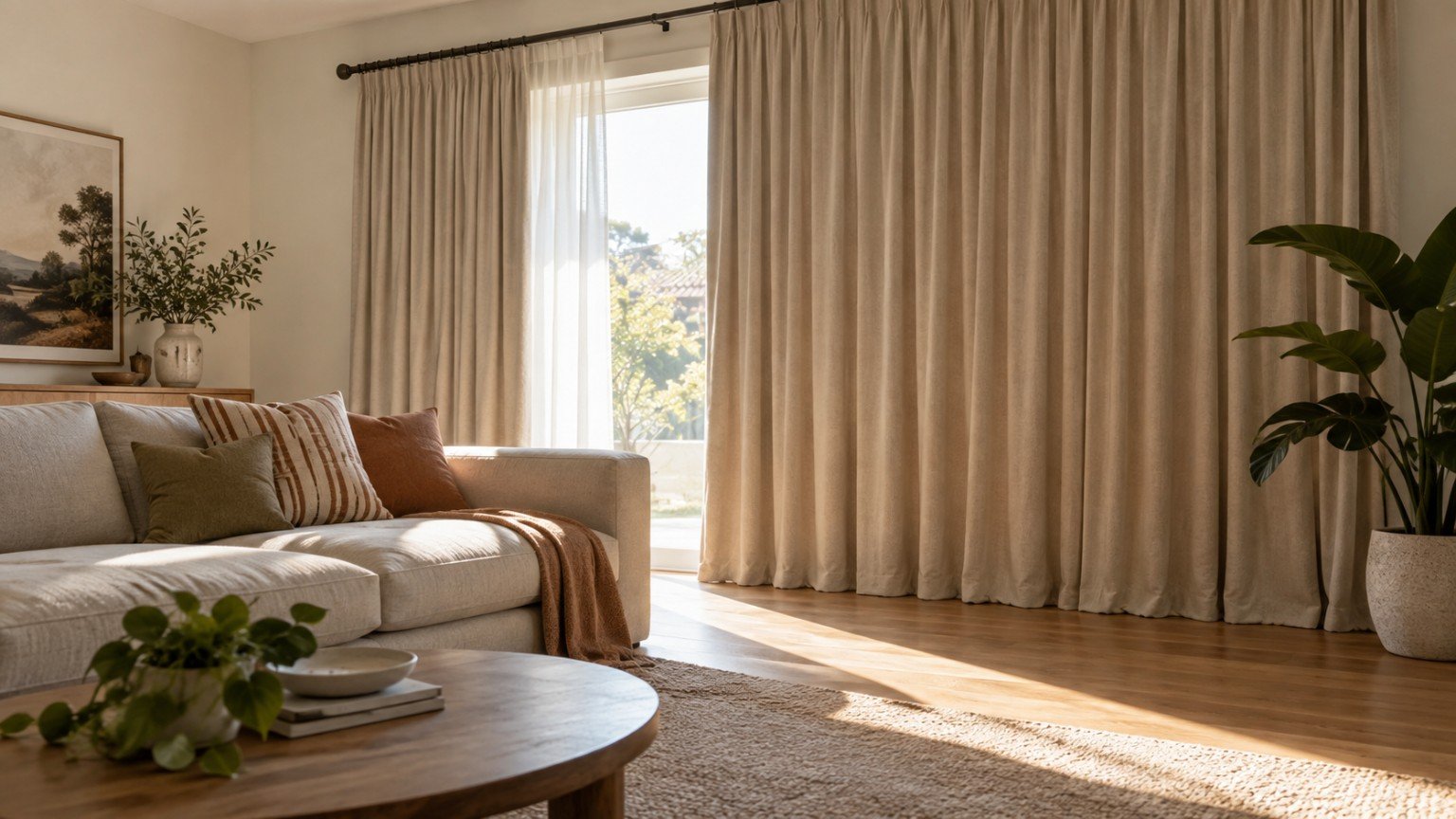 Heavy lined curtains drawn across a sunlit living room window in an Australian home