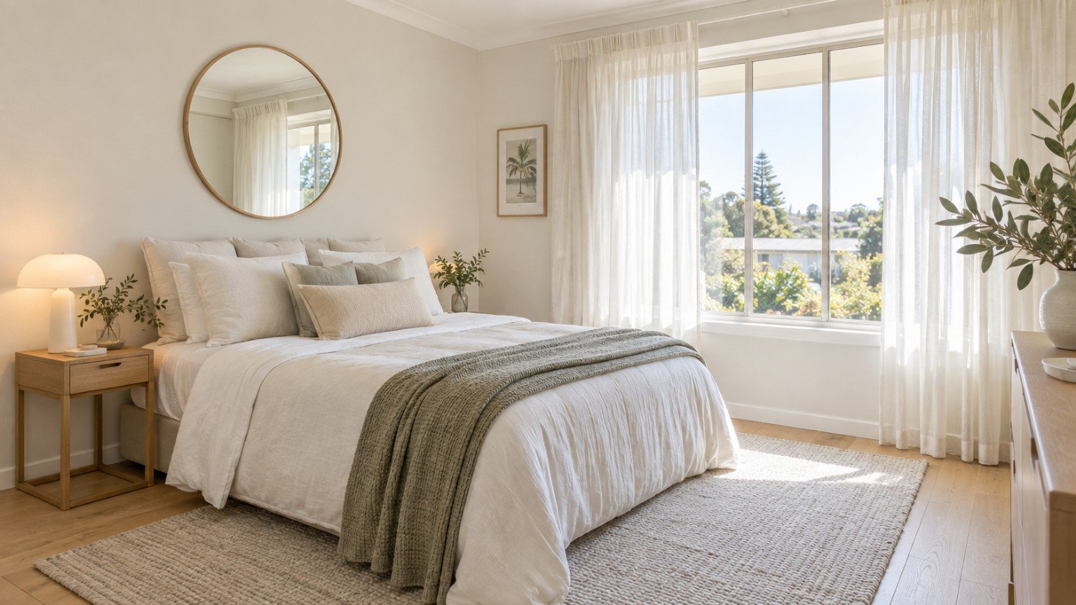 Small bedroom painted in a pale colour with natural light making the space feel larger