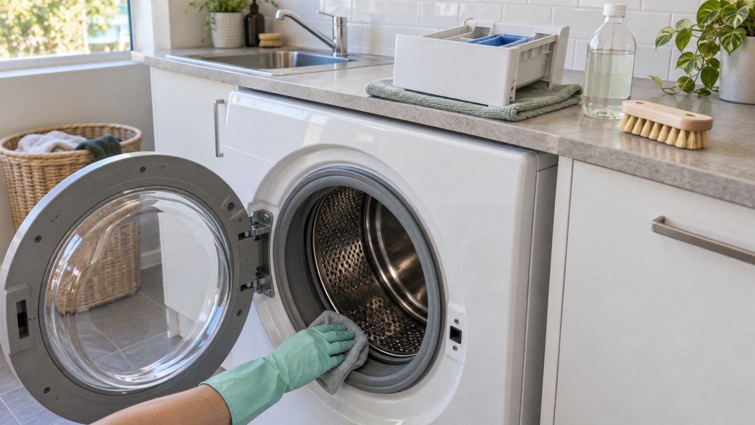 Front-loader washing machine door and rubber seal being wiped clean in an Australian laundry