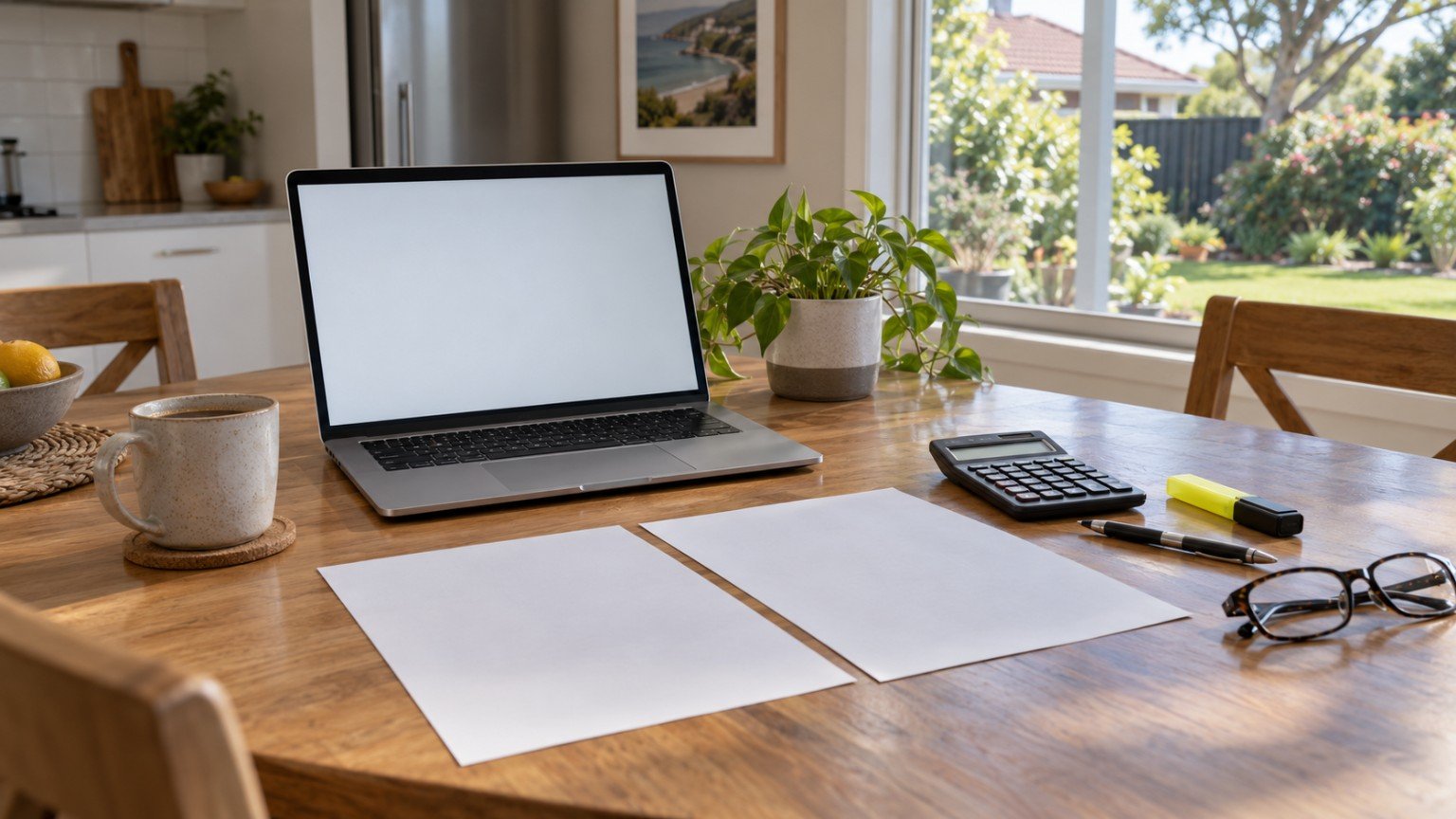 Person comparing energy plans on a laptop at a kitchen table