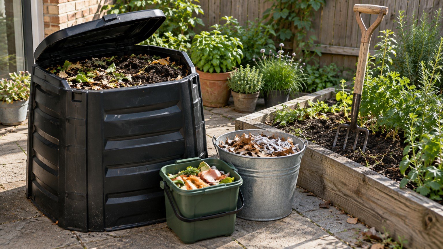 Small compost bin and kitchen scraps in a compact Australian courtyard garden