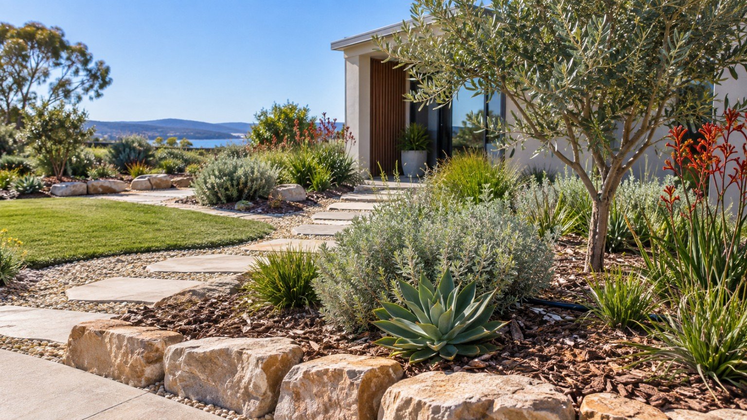 Drought-tolerant Australian garden with mulch, native plants and gravel paths
