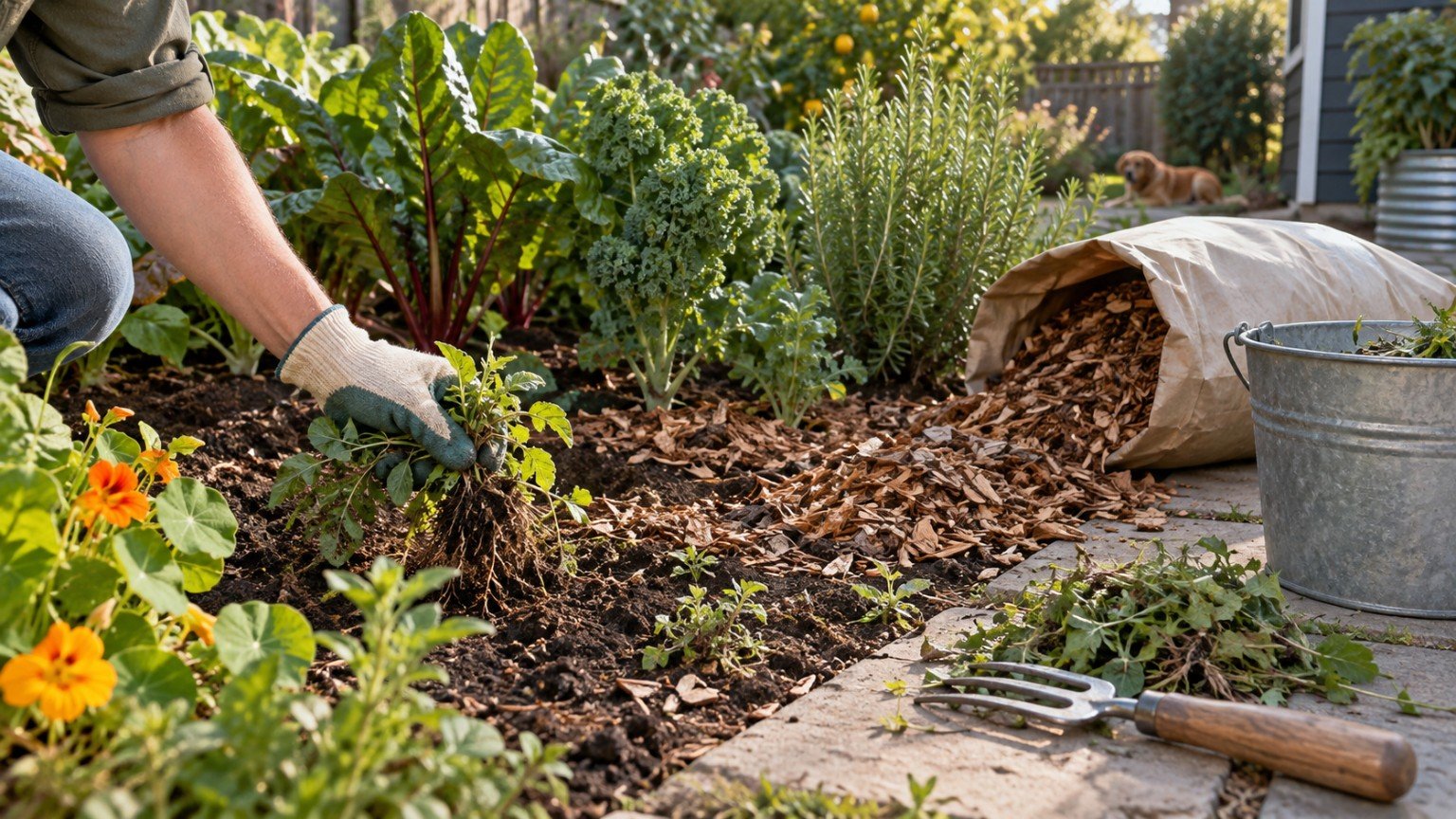 Garden weeds being removed by hand with mulch applied around the plants