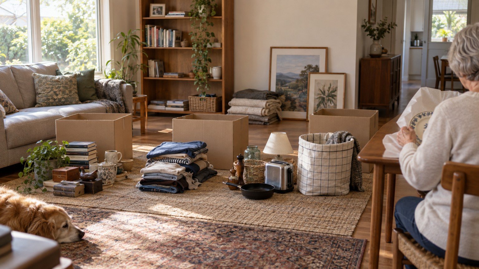 Sorted boxes and furniture during the downsizing of a family home