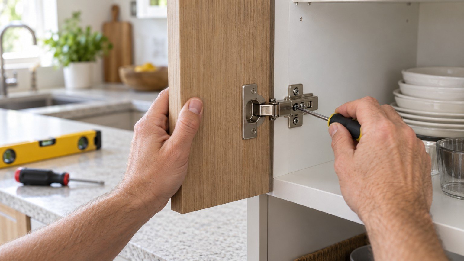 Hands adjusting a concealed hinge on a kitchen cupboard door with a screwdriver
