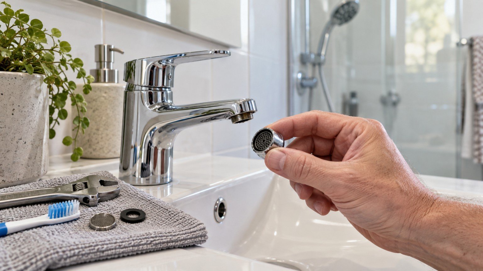 Tap aerator unscrewed and rinsed over a bathroom basin with a spanner nearby