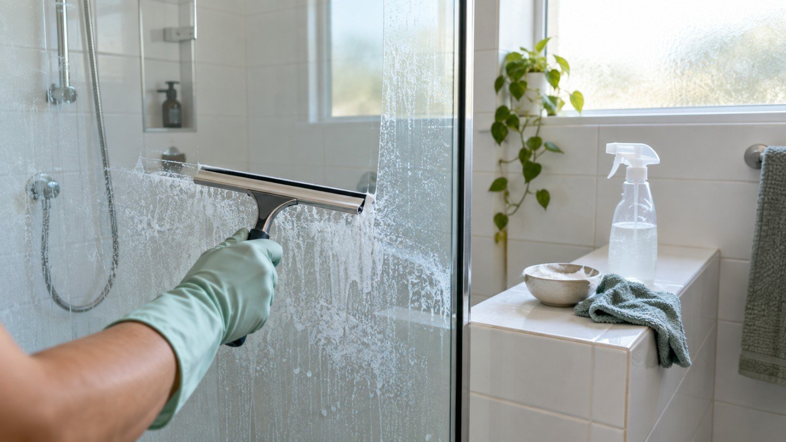 Glass shower screen with soap scum being squeegeed clean