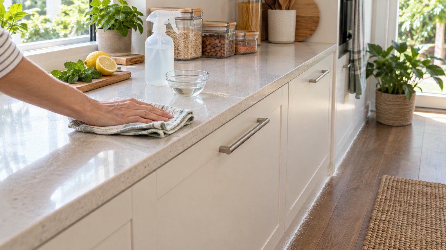 Kitchen benchtop wiped clean with gaps sealed along the skirting to deter ants