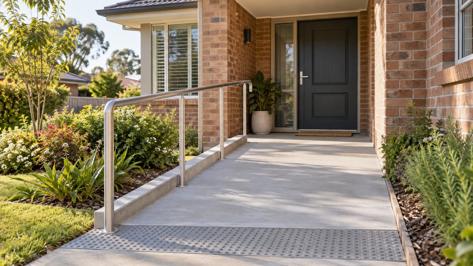 Home entry with a ramp and wide doorway for mobility access