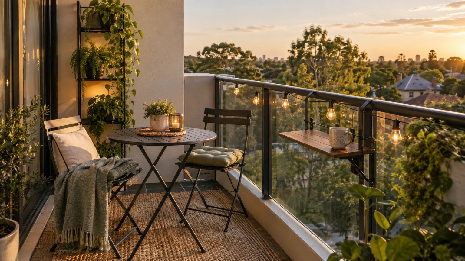 Compact apartment balcony set up with a small table, plants and an outdoor rug