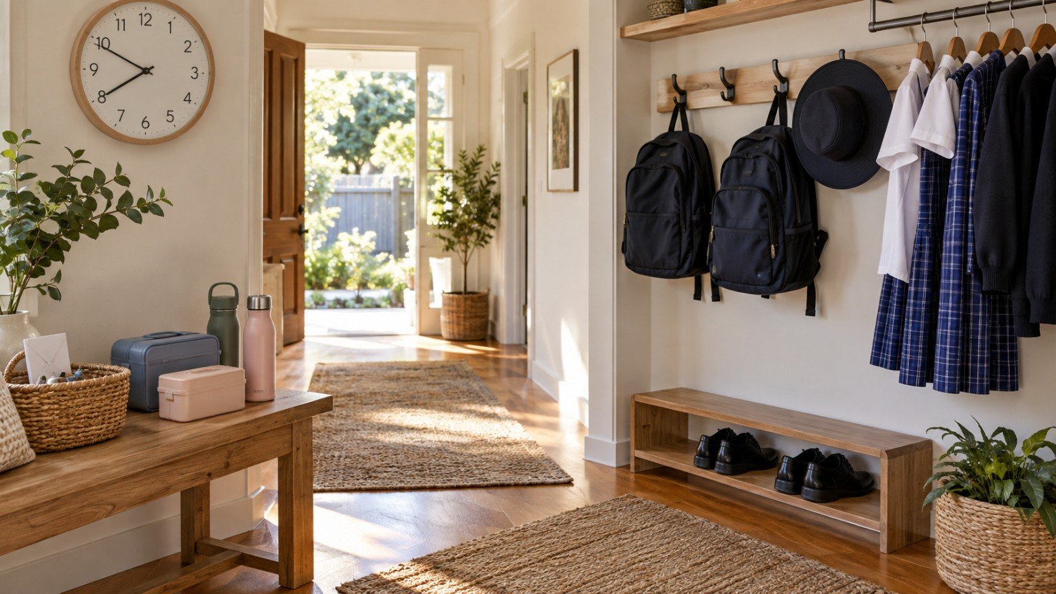 School uniforms, bags and shoes organised in a family hallway