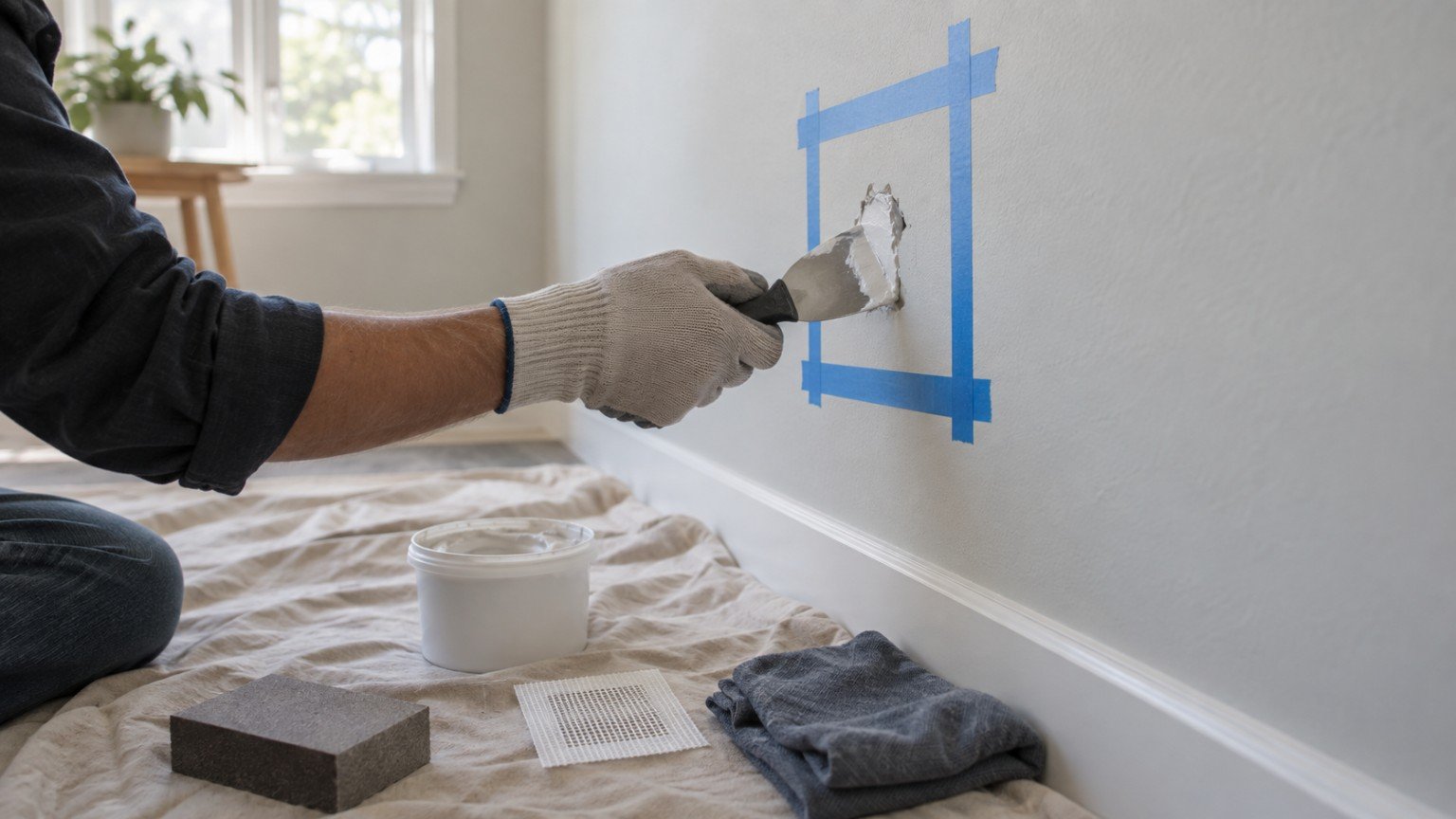 Small hole in plasterboard being filled with patching compound and a putty knife