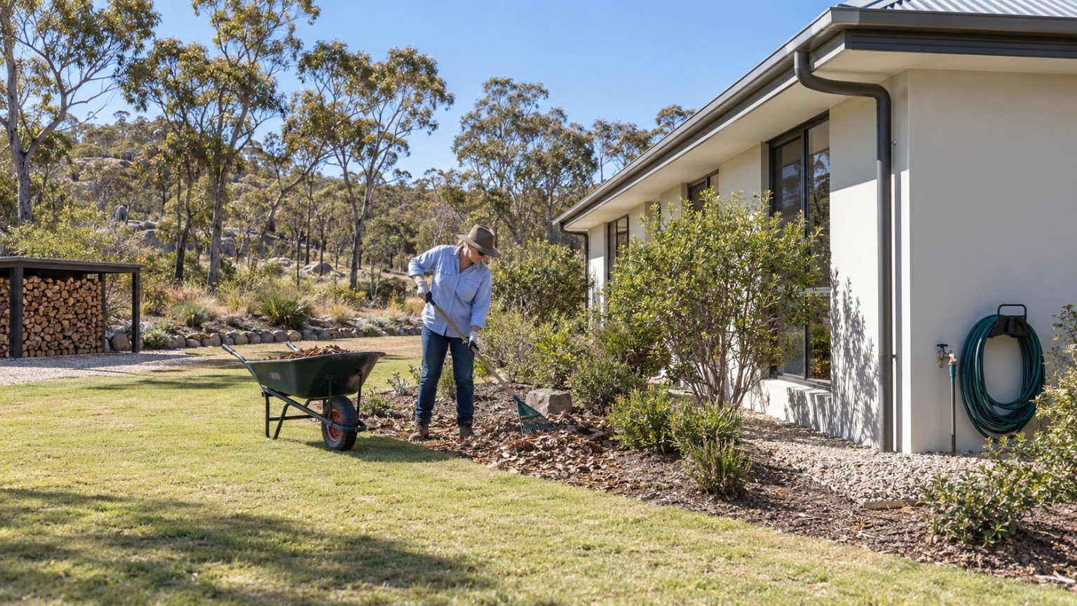 Homeowner clearing leaf litter and trimming shrubs around an Australian house before bushfire season