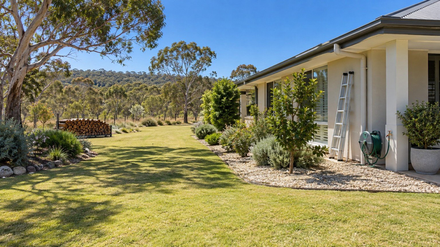Home and garden prepared with cleared gutters and trimmed vegetation before bushfire season