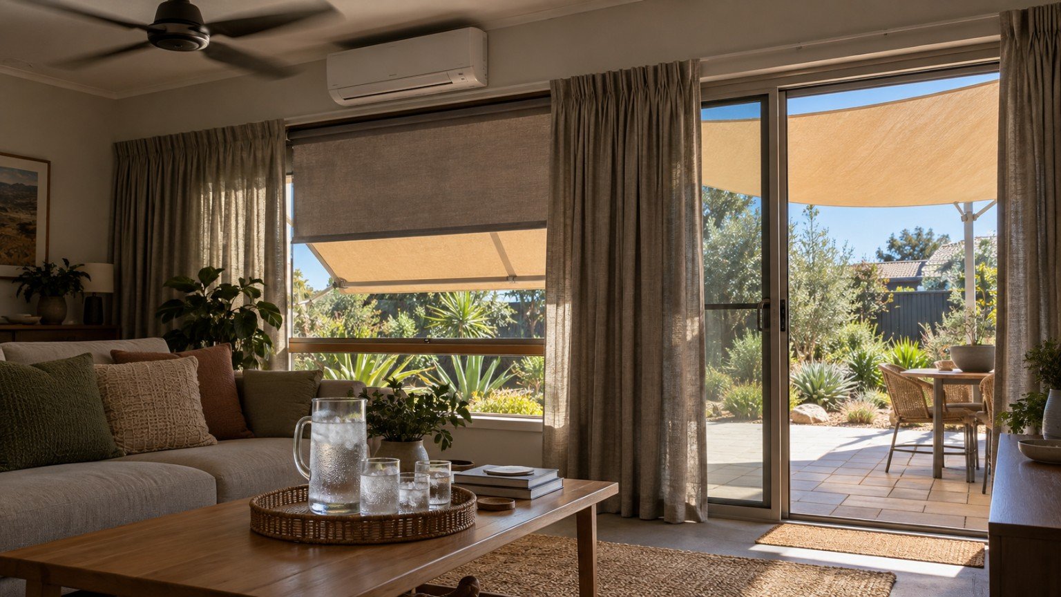 House shaded with blinds and awnings during extreme summer heat