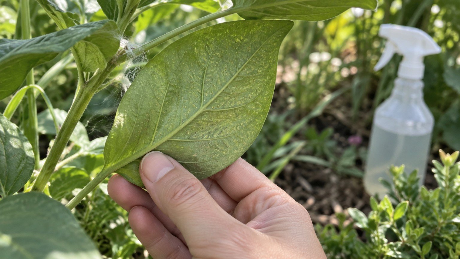 Close view of garden leaves being checked for spider mites with a spray bottle nearby