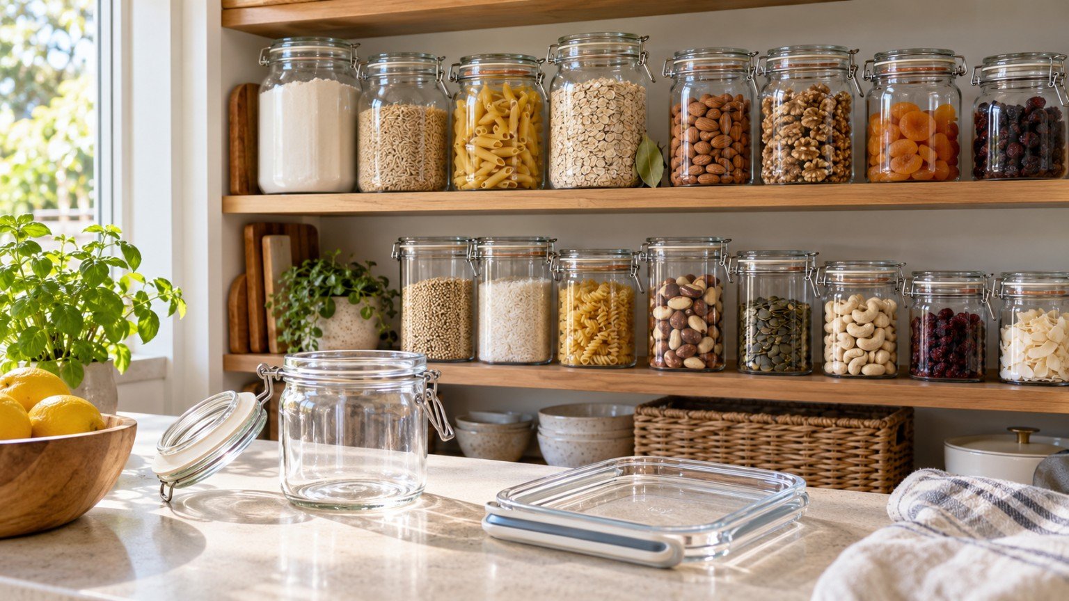 Pantry shelves with dry goods stored in sealed clip-lock containers