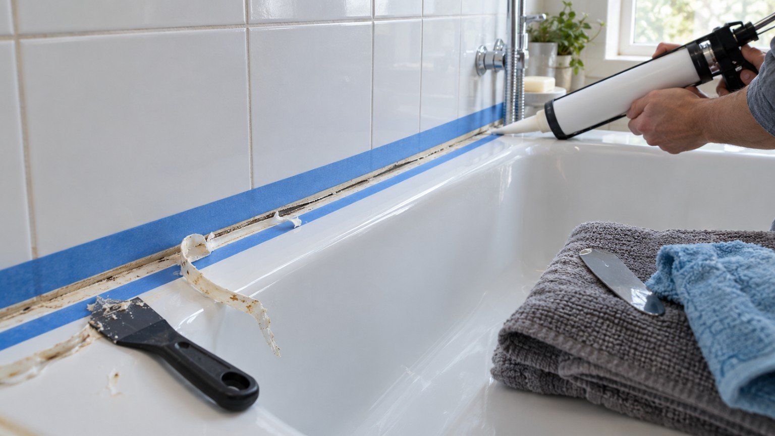 Old silicone being cut away and a fresh bead applied along a bathroom seal