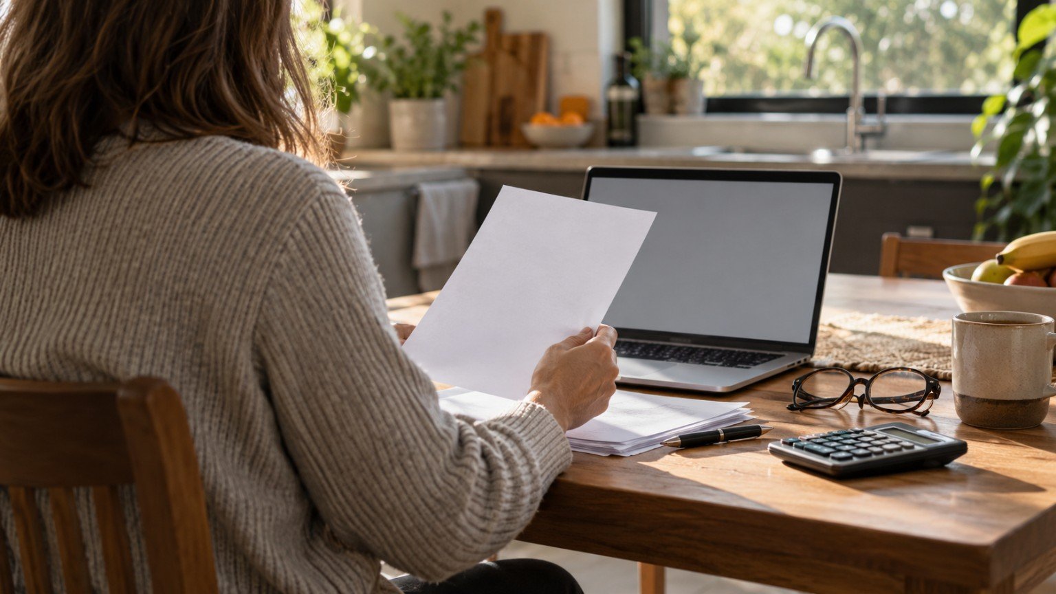 Person reviewing a household energy statement at a kitchen table with a laptop and calculator
