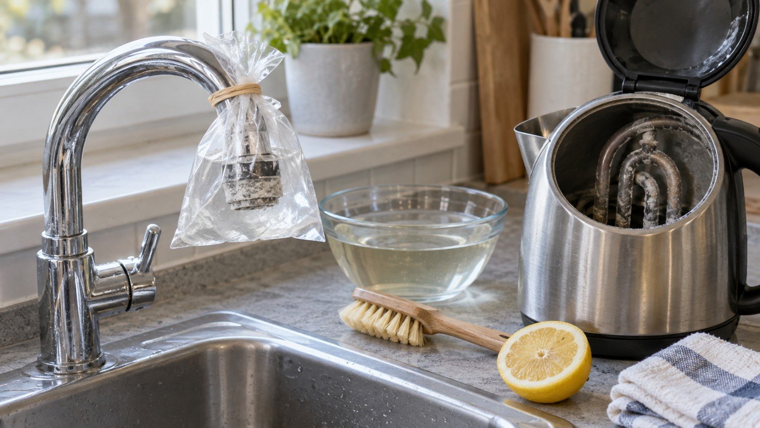 Chrome tap and electric kettle with limescale being soaked and wiped clean