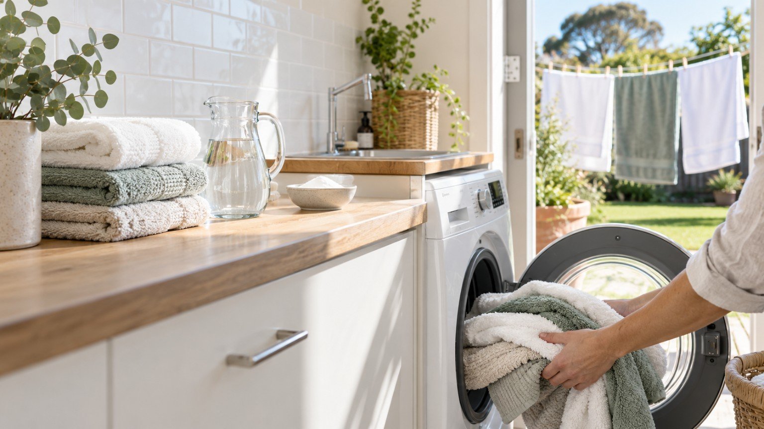 Fresh towels being loaded into a washing machine with white vinegar nearby