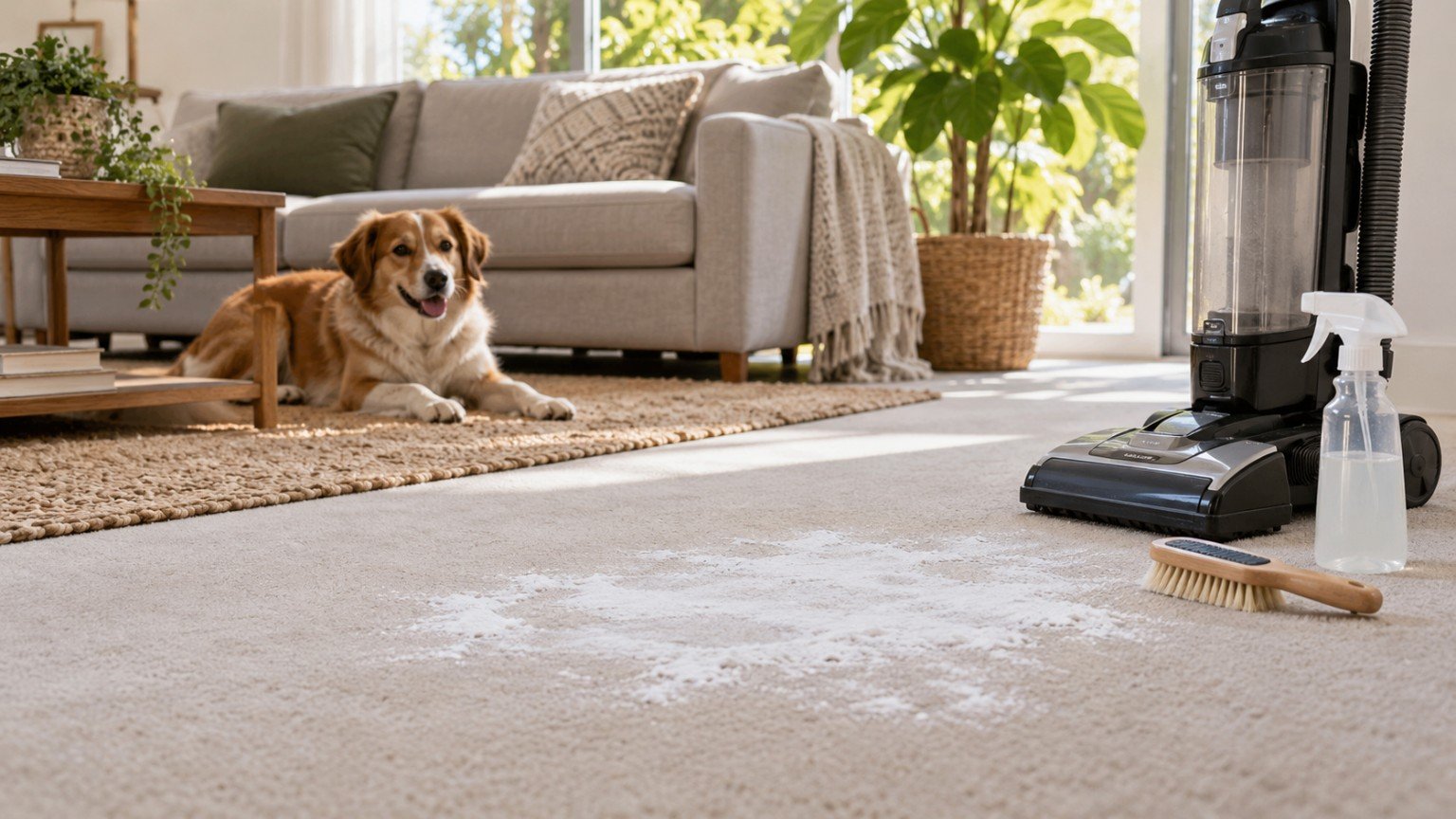 Carpet being treated with bicarbonate soda beside a dog resting on a rug