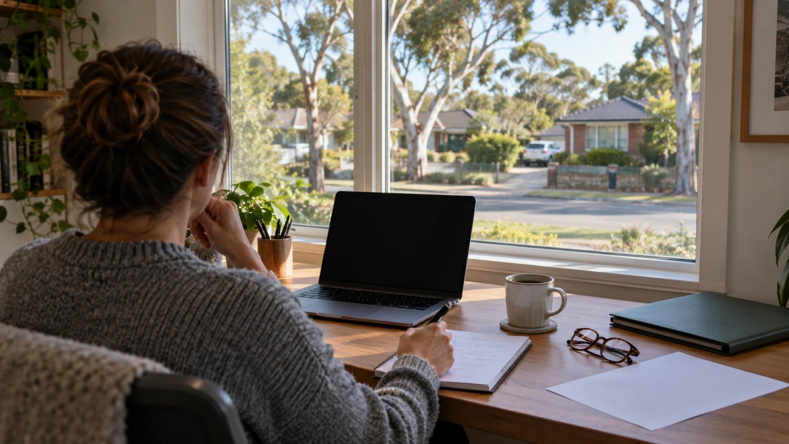 Person researching flood and bushfire risk for a property on a laptop