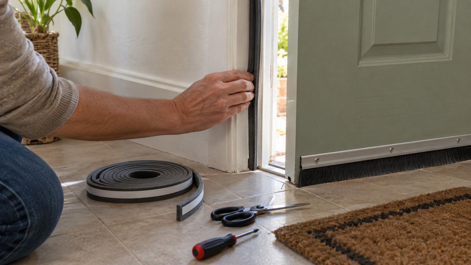 Weather seal and draught excluder being fitted to an external door