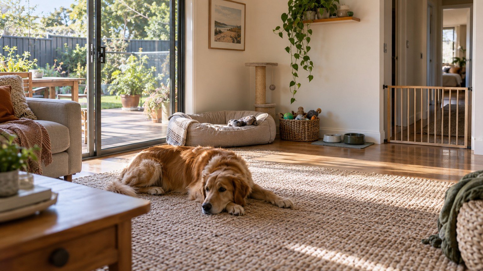 Home set up for a pet with a bed, bowls and a secure gate
