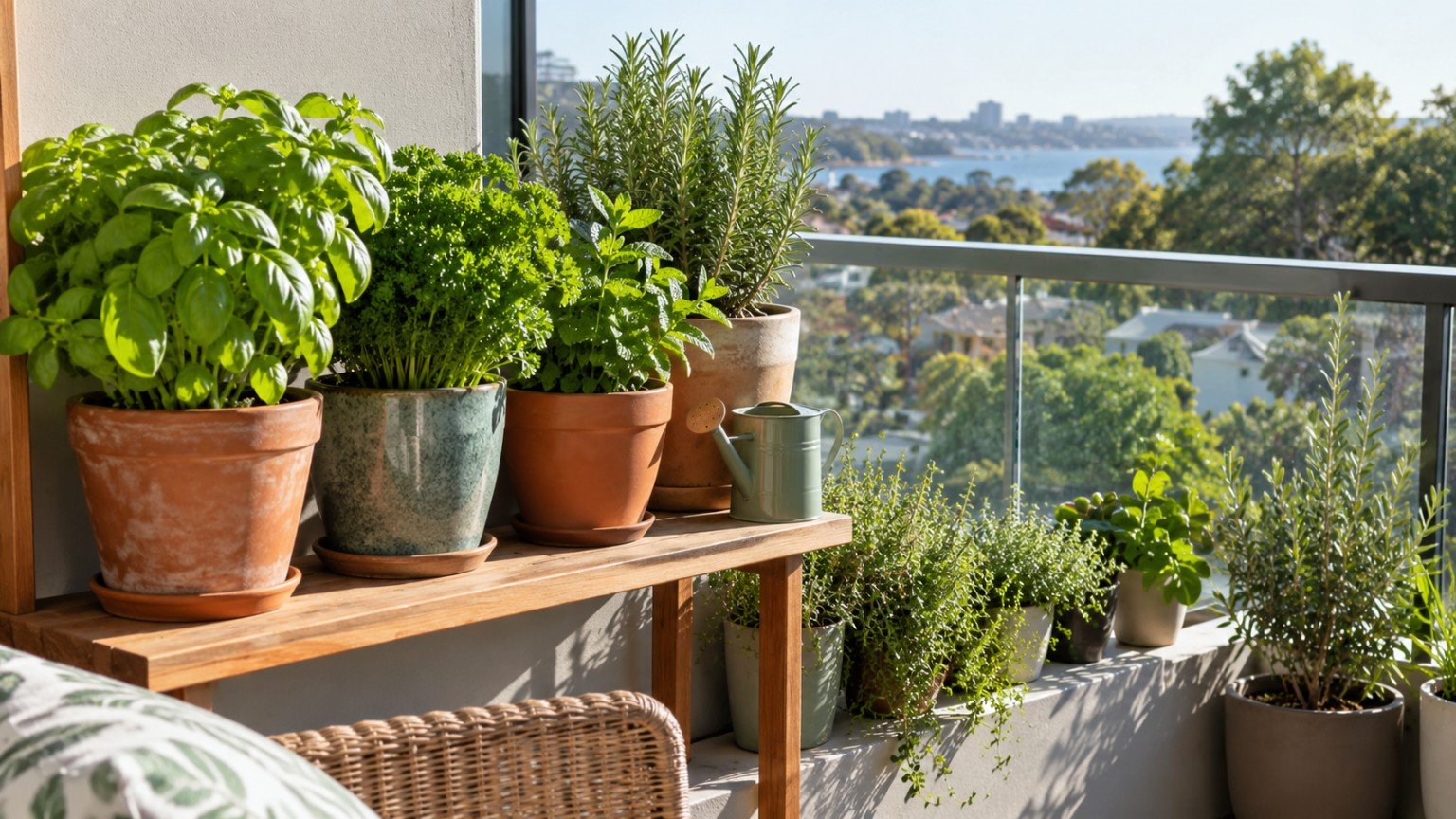 Potted herb garden thriving on a sunny apartment balcony