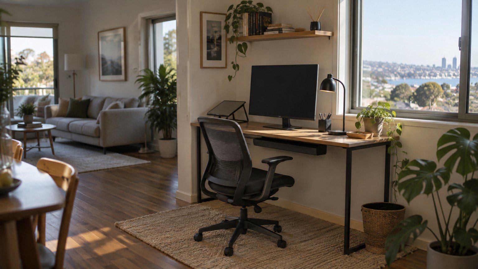 Compact home office set up in the corner of a small Australian apartment