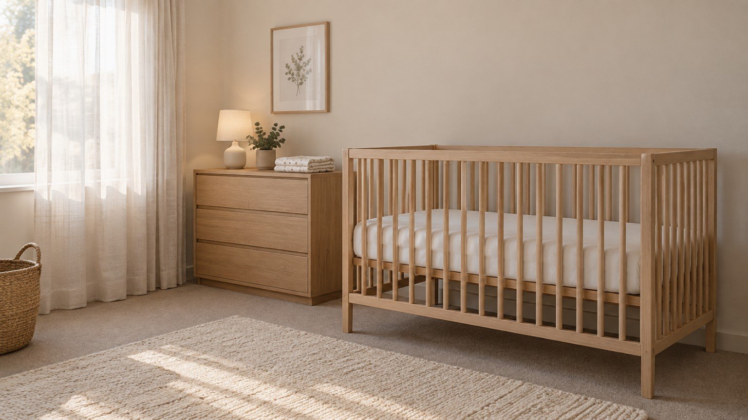 Plain cot with a firm mattress and fitted sheet in a calm, uncluttered nursery