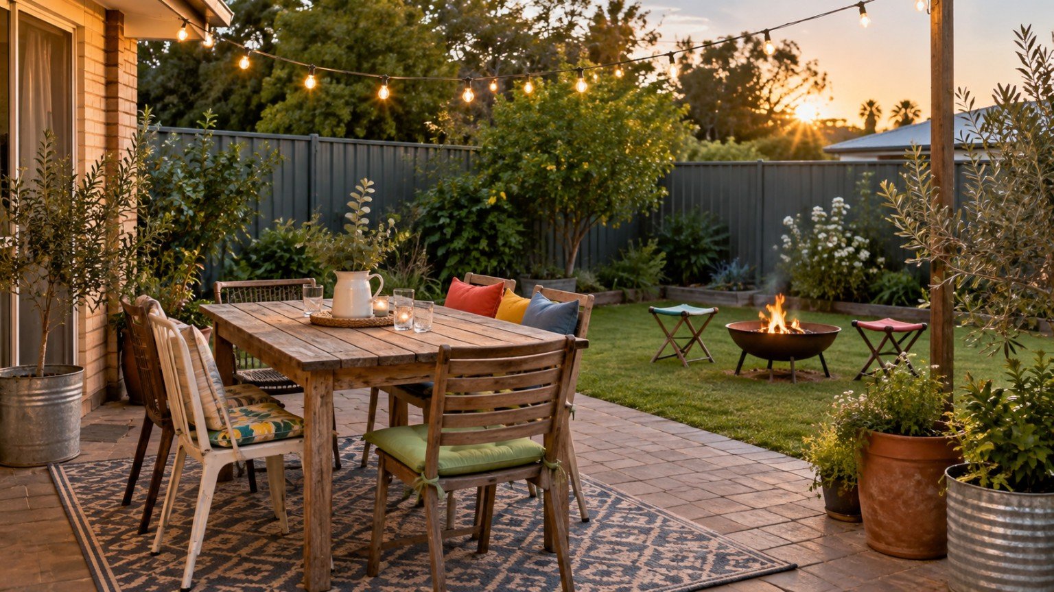 Budget outdoor entertaining area with string lights, seating and a small table